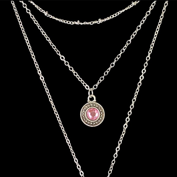 Bohemian Silver Pink Crystal Pendant Layered Chain Necklace - Picture 4 of 5